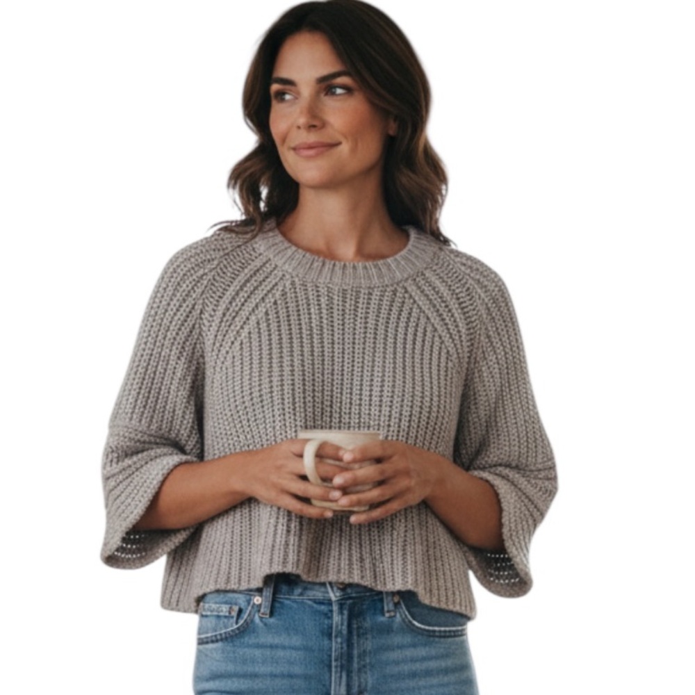 CHLOE MIKIMOTO OLD MONEY CROPPED QUIET LUXURY LAVENDER-GRAY 3/4 SLEEVE SWEATER S